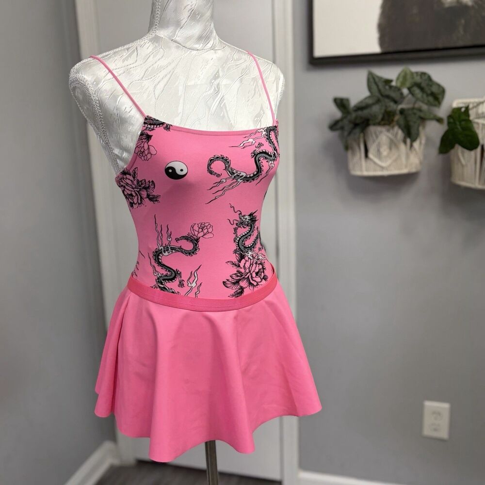 Y2k Festival Pink Dragon Floral Yin Yang Strappy Back Cami Thong Bodysuit M